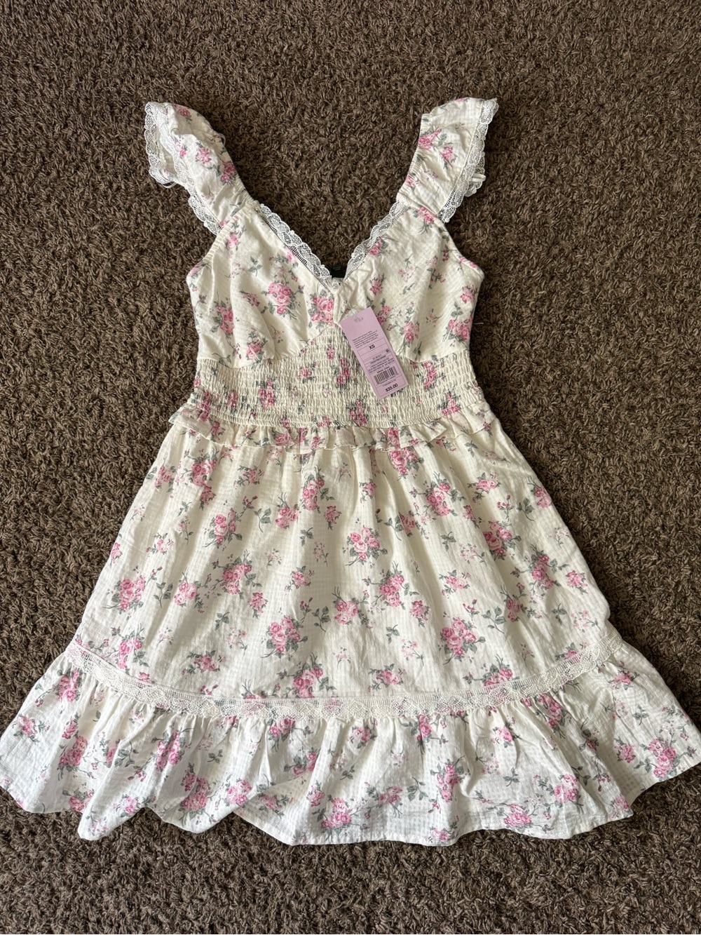 wild fable Cream Floral Ruffle Mini Dress with Pink Roses